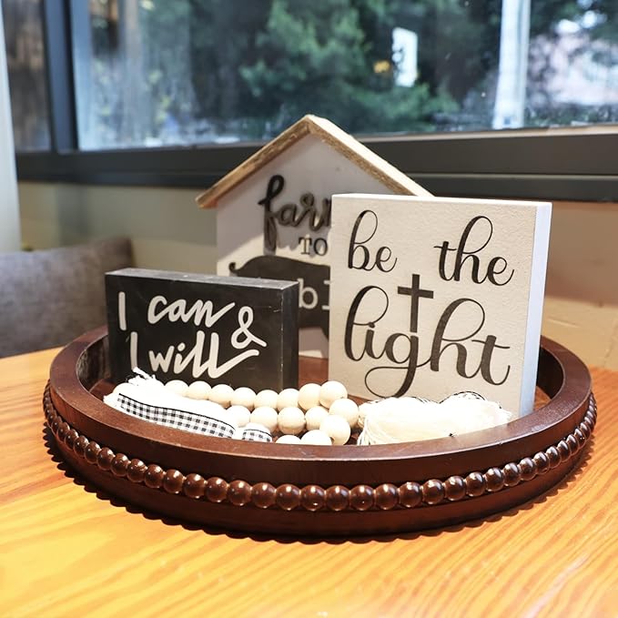 Hrastany Wood Decorative Serving Tray with Bead, Round Vintage Wooden Ottoman Tray for Home Centerpiece, Counter Organizer, 13” Circle Tray for Kitchen, Living Room (Dark Brown)