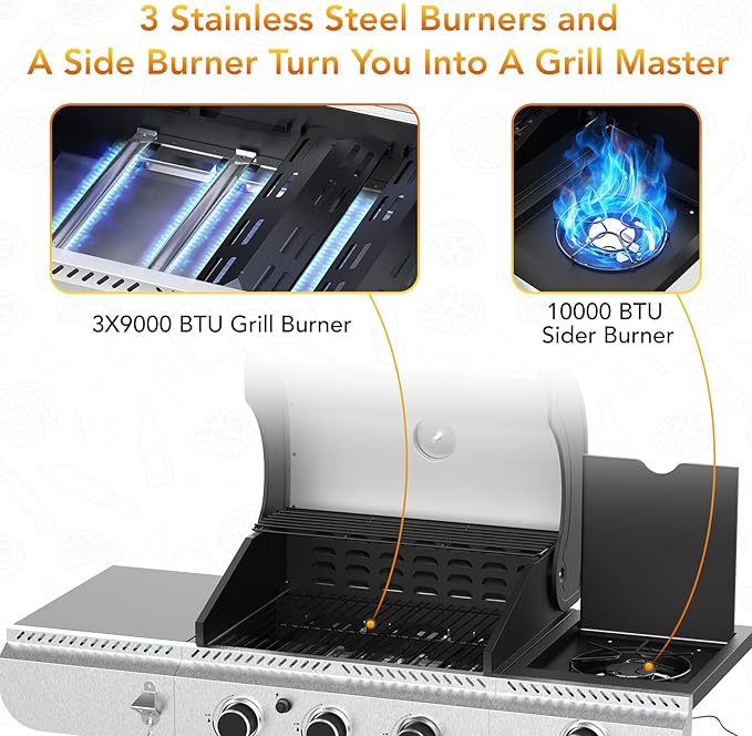 Electactic 3-Burner Propane Gas BBQ Grill with Side Burner,Stainless Steel Grill with Porcelain-Enameled Grates,37000 BTU Barbecue Grill, Suitable for Outdoor Cooking,Camping,Patio Backyard