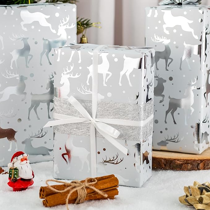 MAYPLUSS Reindeer Christmas Wrapping Paper Roll - 17 Inch X 33 Feet - Silver Metallic Foil Paper - Elegant Elk Christmas Seasonal Gift Wrap Paper for Winter, Holiday, Birthday, Party Decoration