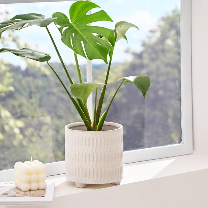 STHIE 5 Inch Ceramic Planters for Indoor Plants, White Cactus Snake Plant Pots with Drainage, Unique Design Round Flower Pot for Home Decoration
