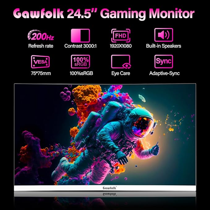 Gawfolk Gaming Monitor 24.5 Inch 200Hz Built-in Speakers, 180hz PC Monitor FHD 1080P Frameless Computer Monitors, VA,sRGB 100%, DisplayPort, HDMI, Eye Care, Wall Mount Compatible (White)