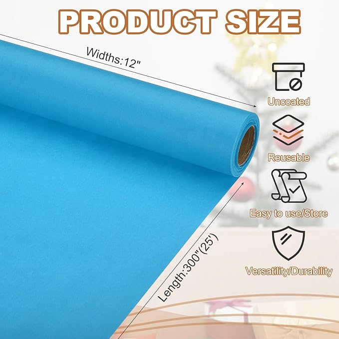 PATIKIL Wrapping Paper, 12" x 300"(25') 70 GSM Craft Paper Roll Kraft Packing Paper for Poster Bulletin Board, Gift Wrapping, Light Blue