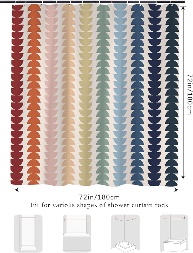 Modern Geometric Shower Curtain, Vintage Rainbow Mid-Century Abstract Art Design Bath Curtains for Bathroom, Colorful Semicircular Pattern Waterproof Polyester Fabric Bathroom Set 12 Hooks 72X84IN