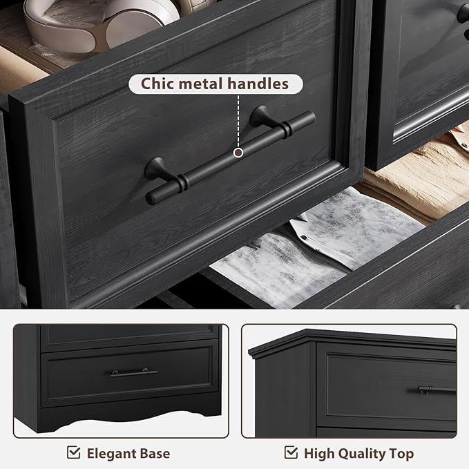 Black Dresser for Bedroom, Modern 7 Chest of Drawers, 47" Wide Chest of Drawers w/Brushed Metal Handle, Wood Closet Organizers and Storage Cabinet for Bedroom, Living Room, Hallway