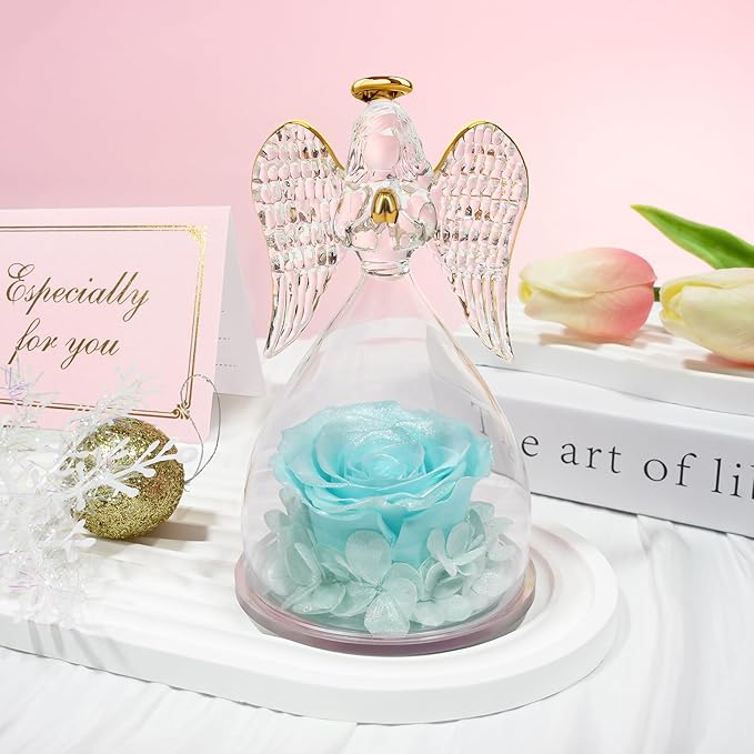 Sunia Preserved Flower Rose Gift for Women - Mother's Day Birthday Gifts for Mom Wife Grandma, Glass Angel Figurines Forever Real Roses Gifts for Her Valentine Day Thanksgiving﻿ (Sparklinga quamarine)