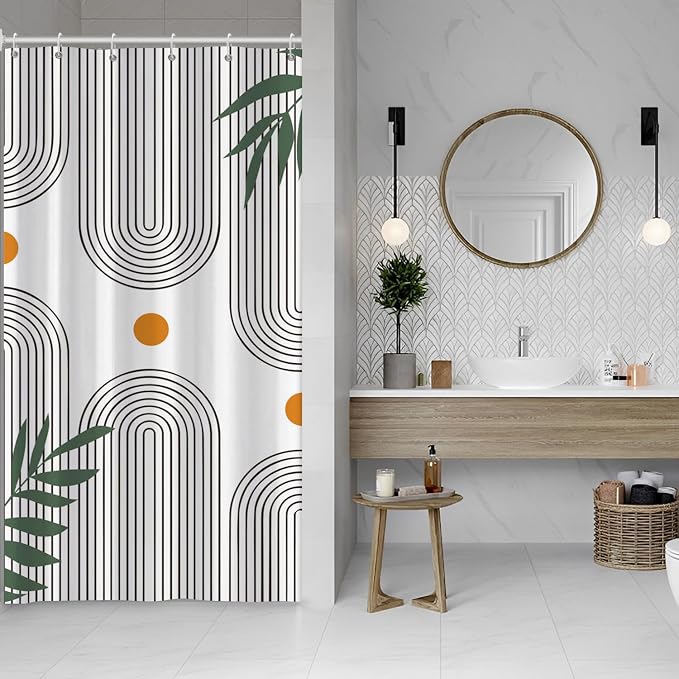 Boho Mid Century Shower Curtain Bohemian Minimalist Geometric Arch Sun Bathroom Curtain Sage Green Plant Polyester Shower Curtain Sets for Bathroom Extra Long 54x72 in with 10 Hooks