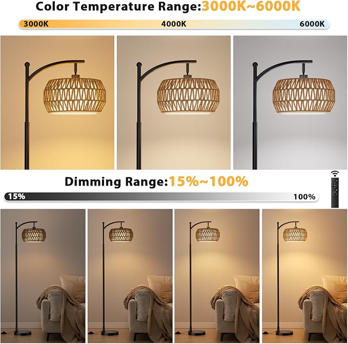 Ambimall Arc Floor Lamp for Living Room with Remote, Color Temperature & Brightness Adjustable, Bohemia Standing Lamp with Rattan & Fabric Double Drum Shades, Bulb Included(Black)