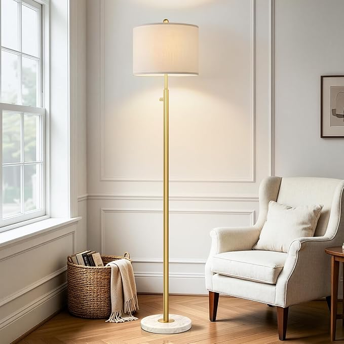 【Upgraded】Dimmable Gold Floor Lamps for Living Room, 11W LED Bulb Included, Modern Standing Lamp with Marble Base, Tall Pole Light with White Linen Shade for Bedroom Reading Office Corner Nursery