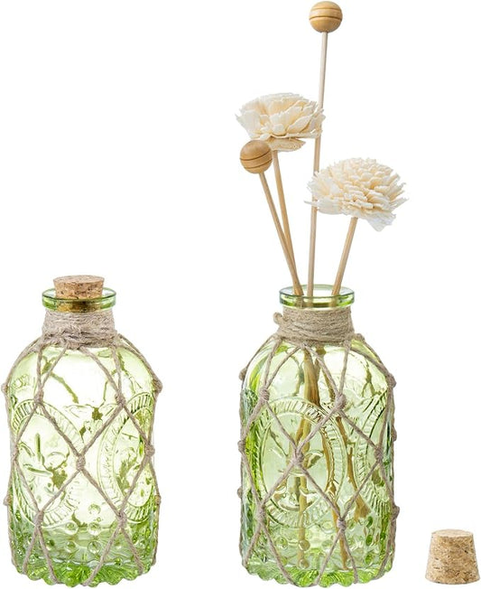 MyGift Set of 2 Vintage Embossed Green Glass Reed Diffuser Bottles with Cork Lids – Decorative Small Flower Bud Vases for Home Fragrance & Tabletop Decor