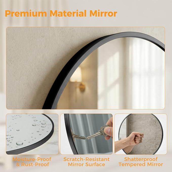 Sweetcrispy Round Bathroom Mirror for Over Sink, 24 Inch Wall Mounted Vanity Mirror with Matte Metal Frame, Decor for Bathroom, Entryway, Bedroom, Black