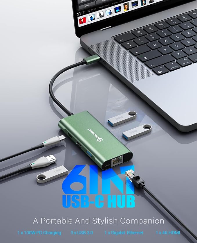 UtechSmart USB C Hub, Ethernet Multiport Adapter 6 in 1 USB C to HDMI Dock Compatible for MacBook Pro/Air, Chromebook, Dell XPS, HP and Type C Devices (Gigabit Ethernet 100W PD 4K HDMI USB 3.0) Green