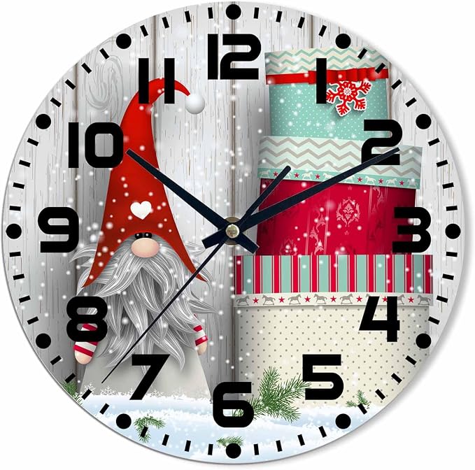 Nordic Christmas Motive Wall Clock Tomte Standing Wooden Wall in Snow Battery Powered Wall Clock Silent Non Ticking 10 Inch for Living Room, Kitchen, Home,Bathroom, Bedroom
