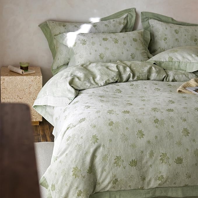 mixinni Yarn-Dyed Jacquard Duvet Cover Queen, Green Botanical Leaf Print 3-Piece Bedding Set with Wide Edge Piping, Soft Breathable Double Layer Gauze for All Seasons (1 Duvet Cover + 2 Pillowcases)