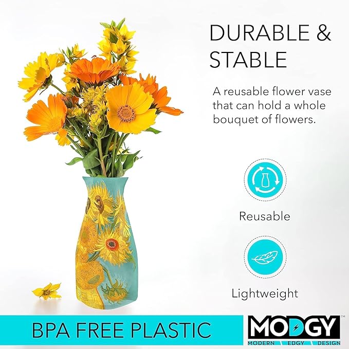 MODGY Collapsible and Expandable Plastic Flower Vase, Unbreakable, Foldable, Decorative Modern Centerpieces, Table Decorations, Van Gogh Sunflowers, 1 Pack