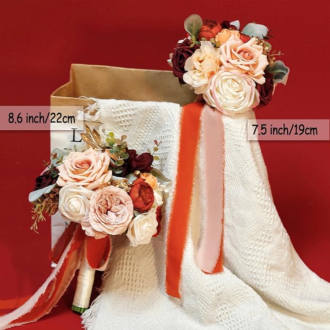8.6 Inch Wedding Bouquets for Bride Bridesmaid, Burnt Orange Burgundy Rose Bridal Bouquet Terracotta Fall Wedding Artificial Silk Flower Boho Rustic Ceremony Anniversary Decor Toss Bouquet