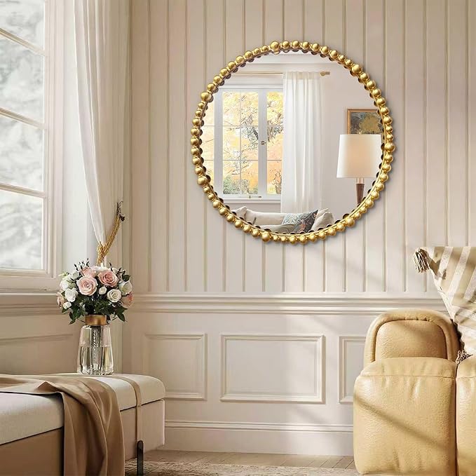 Gold Round Mirror with Beaded Frame ，Circle Antique Bathroom Vanity Mirror Decorative Wall Mirrors for Living Room,Bedroom, Entryway
