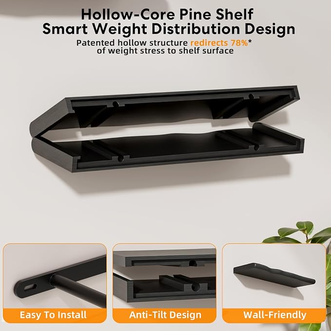 Solid Wood Live Edge Floating Shelves Set of 2 – 24" Rustic Wall Shelf with Hidden Bracket System, Wall Mounted Shelves for Bathroom, Kitchen, Living Room, Bedroom (Black)