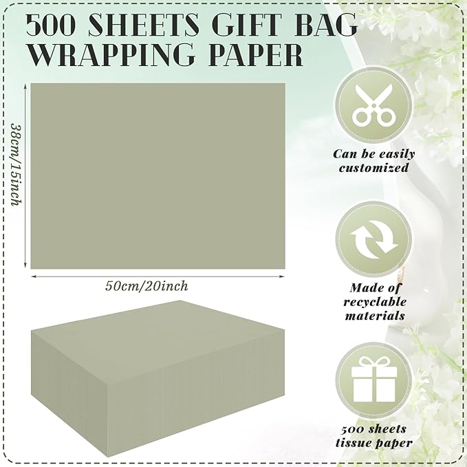Qilery 500 Sheets Sage Green Tissue Paper Bulk 15 x 20 Inch Acid Free Christmas Wedding Flower Wrapping Packing Paper Sheets for Crafts, Gift, Arts Flower, Baby Shower Birthday Party Favor Decoration