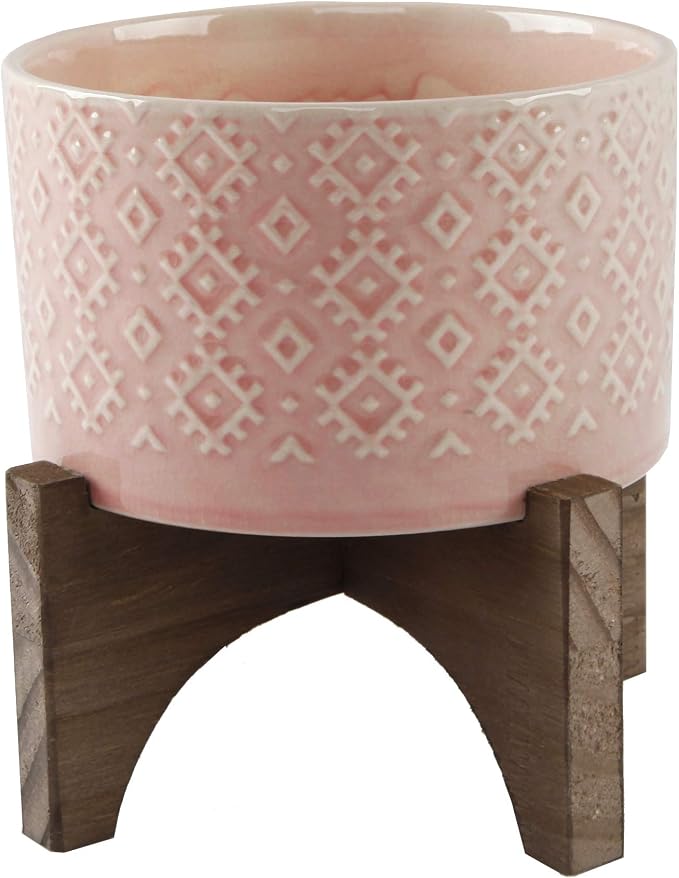 Flora Bunda Mid Century 5 inch India Ceramic Planter on Wood Stand,Glass Pink