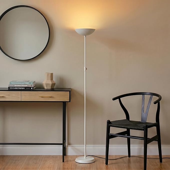 Brightech SkyLite LED Floor lamp, Torchiere Super Bright Floor Lamp for Living Rooms & Offices - 3 Way Dimmable Tall Torch Lamp, High Lumen Standing Pole Lamp for Bedroom Reading - White