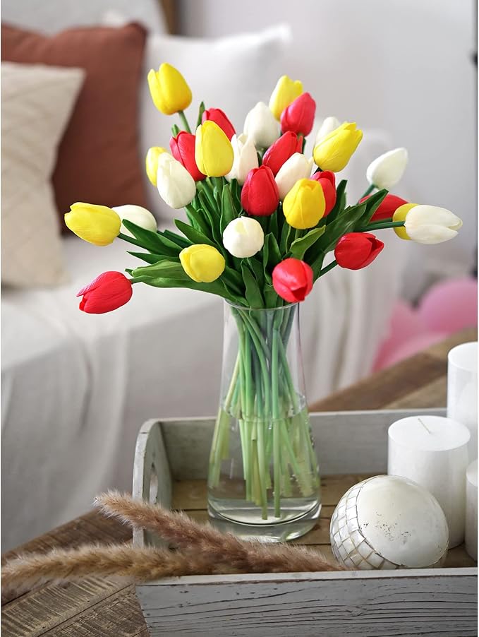 FiveSeasonStuff Real Touch Tulips Artificial Flowers – 15 Stems Faux Tulip Bouquet in Gift Box for Wedding, Home Decor, Party, Floral Arrangements (Scarlett Red)
