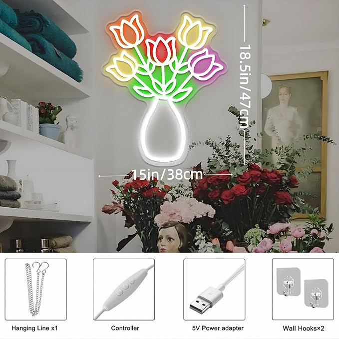 Tulips Bouquets Vases LED Neon Sign - Dimmable, Ideal Flower Neon Sign & Neon Signs for Wall Decor, Perfect for Spring-Themed Bedrooms, Floral Studios, Season Enthusiasts' Spaces, Great Gift for Flower & Spring Lovers