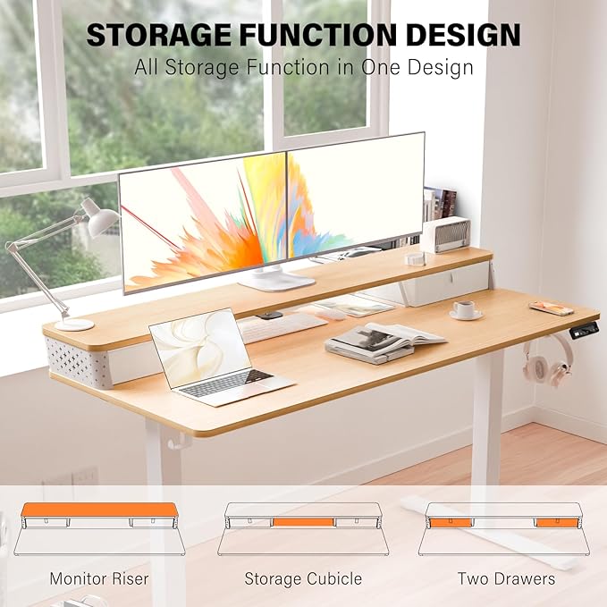 Electric Standing Desk with 2 Drawers 48''x 24'' Adjustable Height Sit to Stand Up Desk with Storage Shelf C-Clamp Mount Compatible Home Office Desks Computer Gaming Table Ergonomic Workstation
