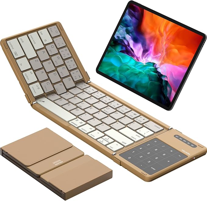 Nillkin Foldable Bluetooth Keyboard with Touchpad & Number Pad, Portable Bluetooth Keyboard with Full Size Keys, Pocket-Sized Wireless Travel Keyboards for iPad, Smartphone, Tablet and Laptop Khaki