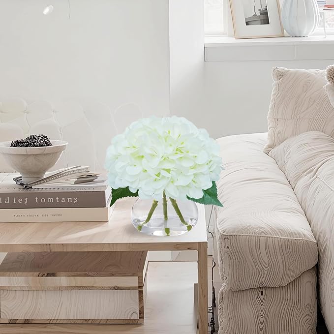 Big Petals Hydrangea Artificial Flowers in Vase, White Silk Fake Flowers Silk Centerpiece Table Decorations for Dining Room,Coffee Table Decor,Wedding, Home with Faux Water Decor (New White)