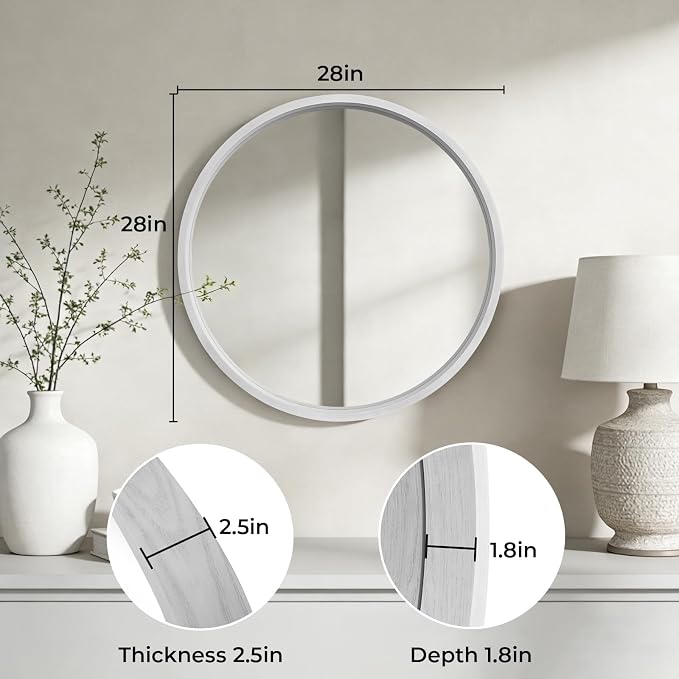 WallBeyond 28 Inch Round Wood Mirror, Large Circle Wooden Frame Wall Mirror for Bathroom, Living Room, Bedroom, Entryway (White)