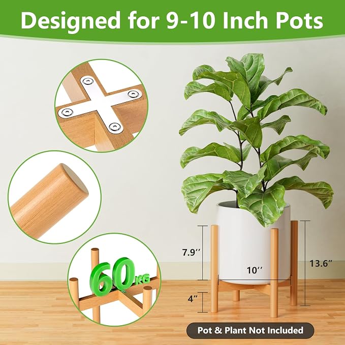 Mid-Century Modern Solid Wood Plant Stand, Plant Shelf for Indoors & Outdoors - Sturdy Beechwood Construction, Designed for 9-10 Inch Pots