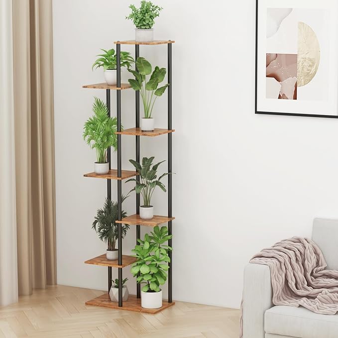 Plant Stand Indoor 7 Tier 8 Potted Metal Wood Plant Shelf, Multiple Flower Pots Corner Tall Plant Holder Stands for Living Room Balcony Bedroom, Rustic Brown