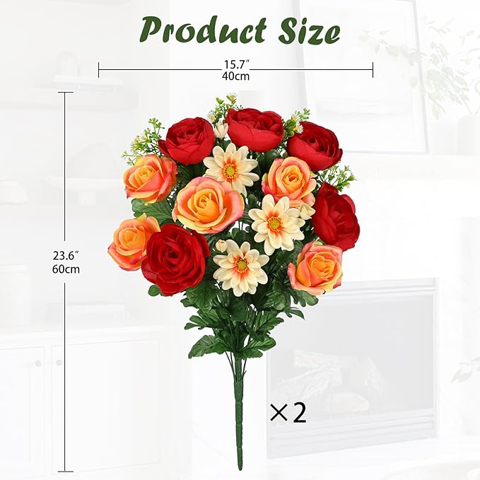 Hollyone Set of 2 Artificial Cemetery Flower for Graves Red Orange Cemetery Memorial Flowers for Outdoor Grave Decorations Silk Flower Arrangements Rose Ranunculus Gerbera Floral Flowers Bouquets