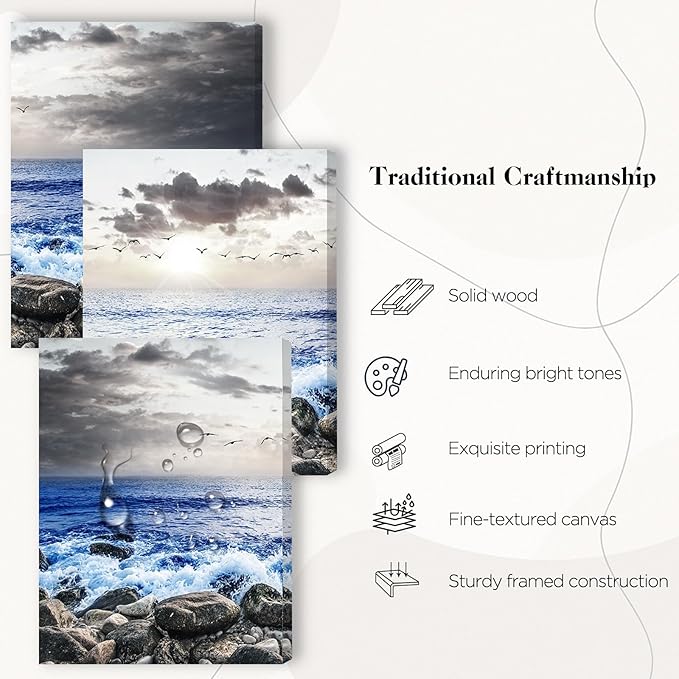 SERIMINO Beach Wall Art, Coastal Wall Art, Ocean Wall Decor, Modern Landscape Paintings Art Prints 3 Pieces Set, Seaside Canvas Pictures for Living Room Bedroom Bathroom Home Office Decoration 20"X28"