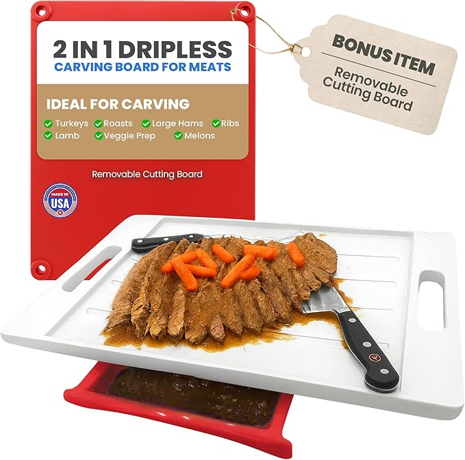 XL Meal Prep System Cutting Board - Large Cutting Board with Juice Groove, Spikes, Drip Tray & Removable Surface - Carving Board - BBQ Essential & Kitchen Gifts - BPA Free Cutting Board - Red