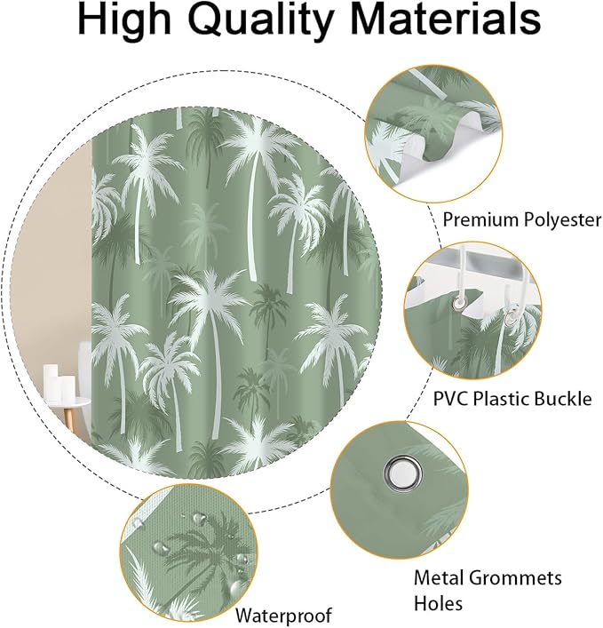 Tropical Palm Tree Shower Curtain, Summer Hawaii Coconut Tree Sage Green Bathroom Curtain Decor, Polyester Waterproof Bath Curtian Accessory Set 12 Hooks 72x72 inch