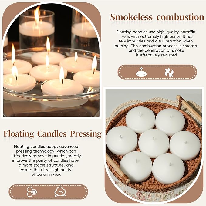 3 inch White Floating Candles 8-9 Hours Floating Candle for Centerpieces 36 Packs Unscented Floating Candles 3” Water Candles for Cylinder Vases, Pool, Wedding