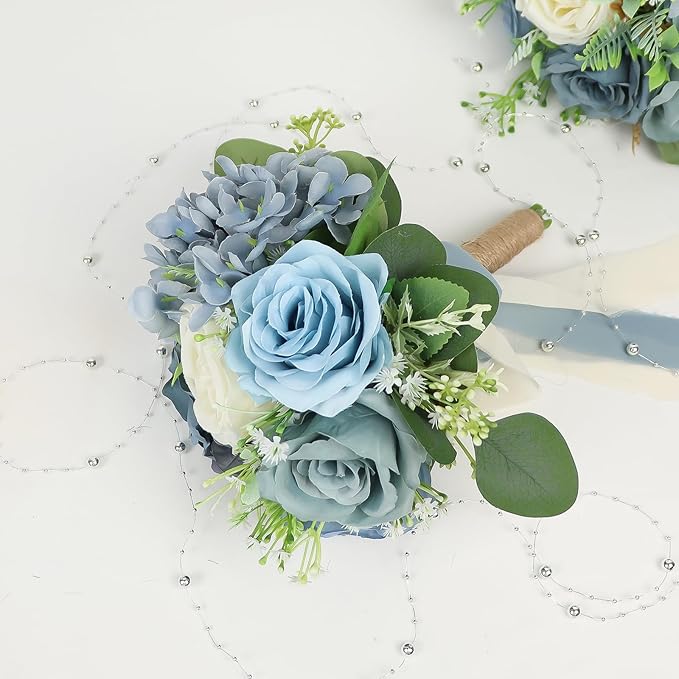 Set of 6 Bridesmaid Bouquets for Wedding - Artificial Bouquets for Bridesmaids Flowers Silk Floral Ceremony Anniversary Centerpieces Decorations - Dusty Blue and White，7 Inch