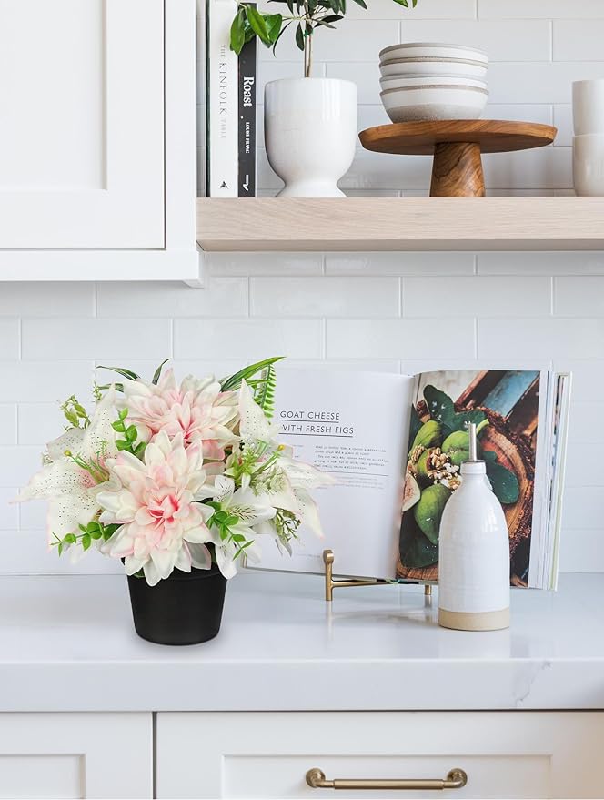 Pink Artificial Flowers Small Fake Flowers in Vase Peonies Dahlia Tiger Lily Potted Silk Flower Arrangements Faux Plants & Flowers Home Bathroom Kitchen Table Centerpieces Desk Decor