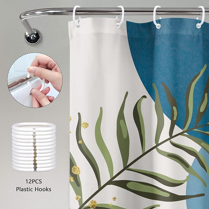 Blue Boho Modern Shower Curtain Mid Century Abstract Gold Green Leaves Sun Arch Minimalist Geometric Aesthetic Plant 60Wx72H Bathroom Decor Neutral Bath Curtain Fabric Polyester 12 Pack Hooks