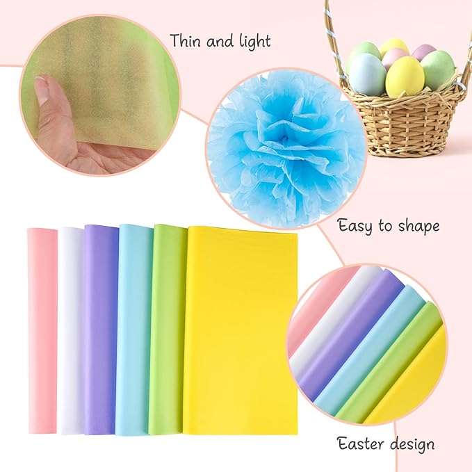 NEBURORA 120 Sheets Multicolor Tissue Paper Spring Easter Gift Wrapping Paper Decorative Art Paper for DIY Easter Birthday Holiday Party Packing Decoration