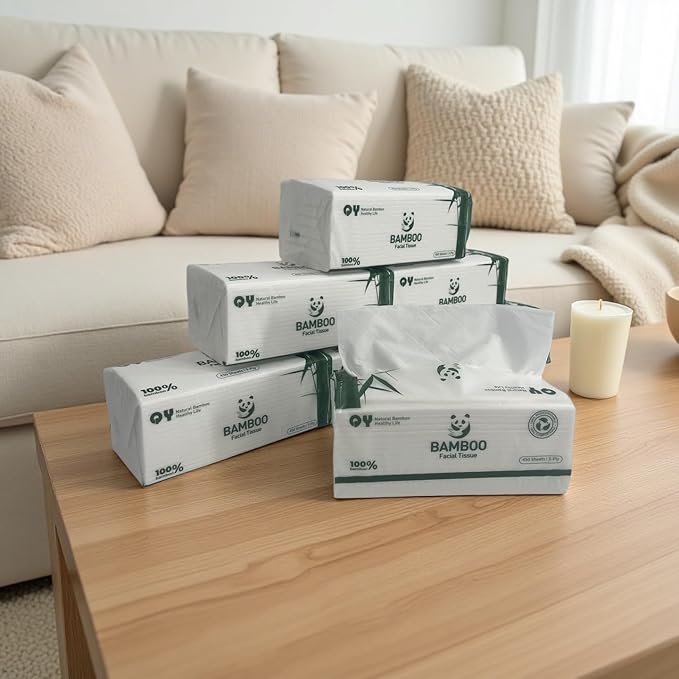 Soft Durable Bamboo Facial Tissues - 3 Ply bleached Facial Paper Dry or Wet Use 12 Packs(150 Tissue per Pack, 1800 Tissues Total）