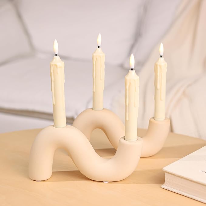2-Pack White Ceramic Candle Holder Set, Modern Taper Candlestick for Table Living Room Wedding – Includes 4 LED Candles