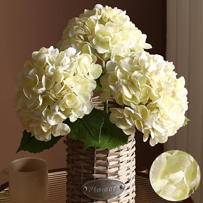 3Pcs Hydrangea Artificial Flowers, 22.44" Real Touch Latex Faux Hydrangea with Long Stems & Leaves for Home Office Decor or Wedding, Party, Centerpieces, Floral Arrangements (Cream White)