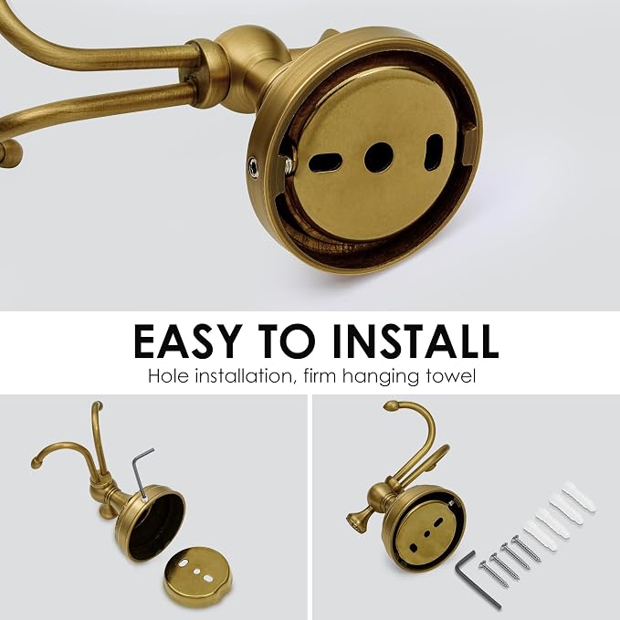 Brass Towel Hook, Antique Brass Bathroom Robe Hooks, Double Rustic Towel Hooks Bath Farmhouse Coat Clothes Hook Wall Mounted for Bathroom Kitchen Washroom Bedroom
