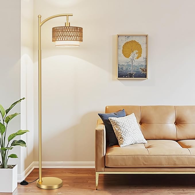 Ambimall Arc Floor Lamp for Living Room with Remote, Color Temperature & Brightness Adjustable, Boho Standing Lamp with Rattan & Fabric Double Drum Shades, Bulb Included(Gold)