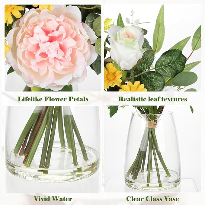 Briful Artificial Flowers in Vase, Mixed White Rose Pink Peony Yellow Daisy and Greenery Leaf Floral Arrangements, Fake Flowers in Glass Vase with Faux Water, Home Wedding Patio Centerpiece Decor
