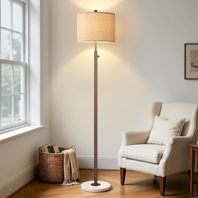 Nintiue 【Upgraded】 Dimmable Floor Lamp for Living Room, 11W LED Bulb Included, Modern Standing Lamp with Marble Base, Tall Pole Light with Linen Shade for Bedroom Reading Office Corner Nursery-Brown