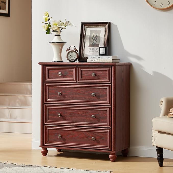 Farmhouse 5 Drawer Dresser Set of 2, Chest of Drawers for Bedroom, 35.5" Tall Dresser with Roman Column, Rustic Wood Storage Dressers Organizer for Living Room, Hallway, Closet(Red Oak)