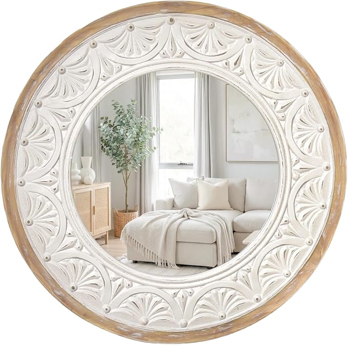 H HOMEWINS Rustic Round Mirror, 24" Wooden Circle Farmhouse Wall-Mounted Nature Beads Decor Mirror for Bedroom, Bathroom, Living Room,Vanity